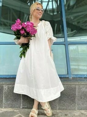 H&M White Eyelet Embroidered Midi Dress XS Boho Cottagecore Puff Sleeve Cotton